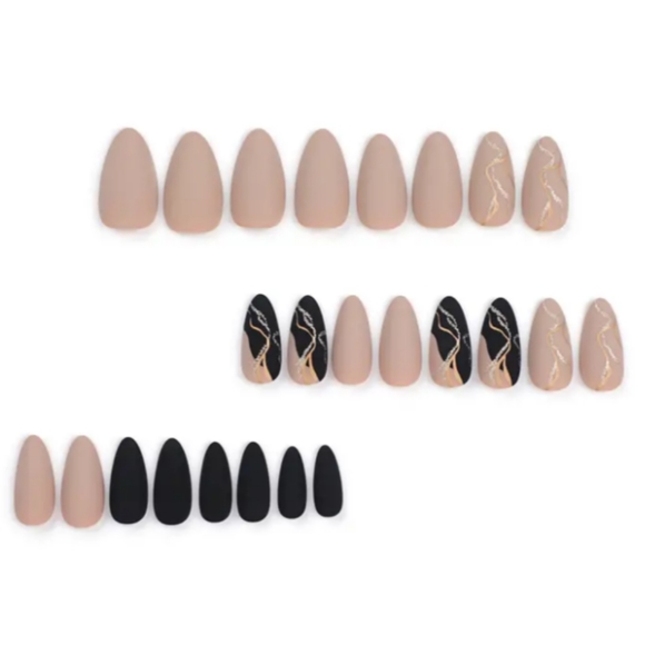 Matte Black Gold Almond Press-on Nails - Picture 2 of 2